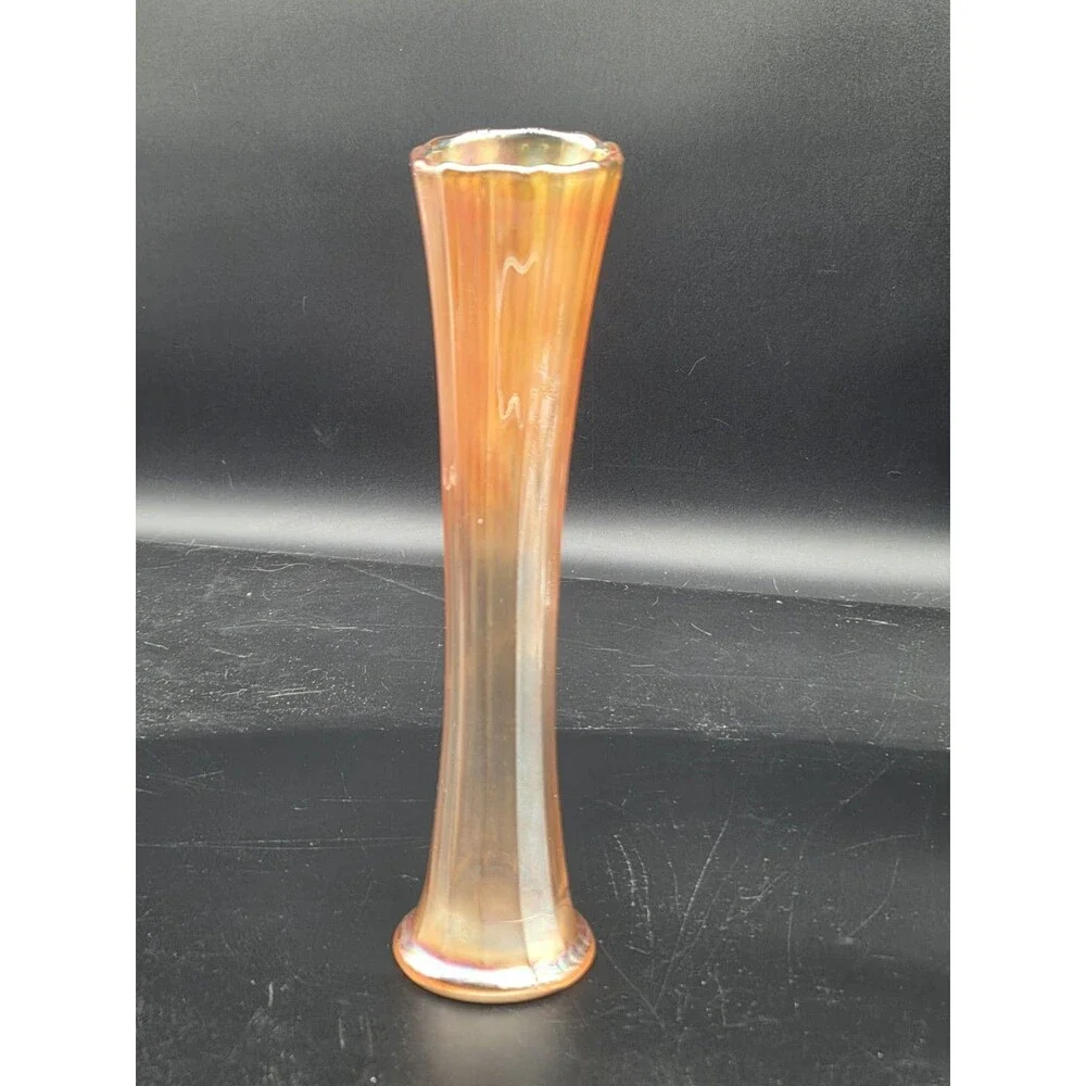 Vintage Amber Marigold Carnival Glass Opalescent Swung 9.5” Vase